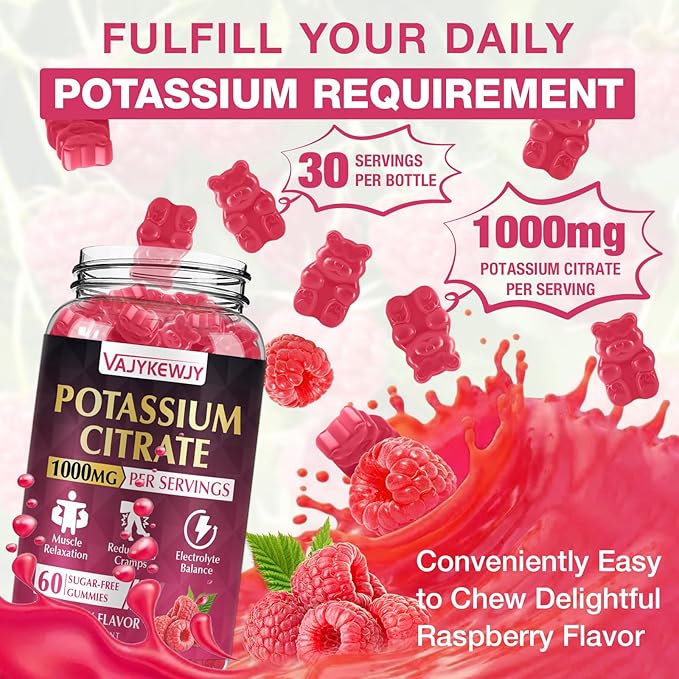 Potassium Citrate Gummies, High Potassium Supplement (1000mg), Supports Leg Cramps & Muscle Health, Suitable for Adults & Kids, Vegan, Non-GMO, 60-Count