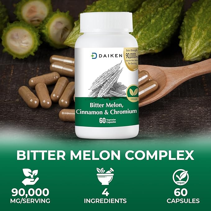 DAIKEN Bitter Melon 90,000 mg Equivalent, Enriched with Cinnamon, Chromium & Zinc, 100% Vegetarian Bitter Melon Capsules, 60 Capsules (Pack of 2)