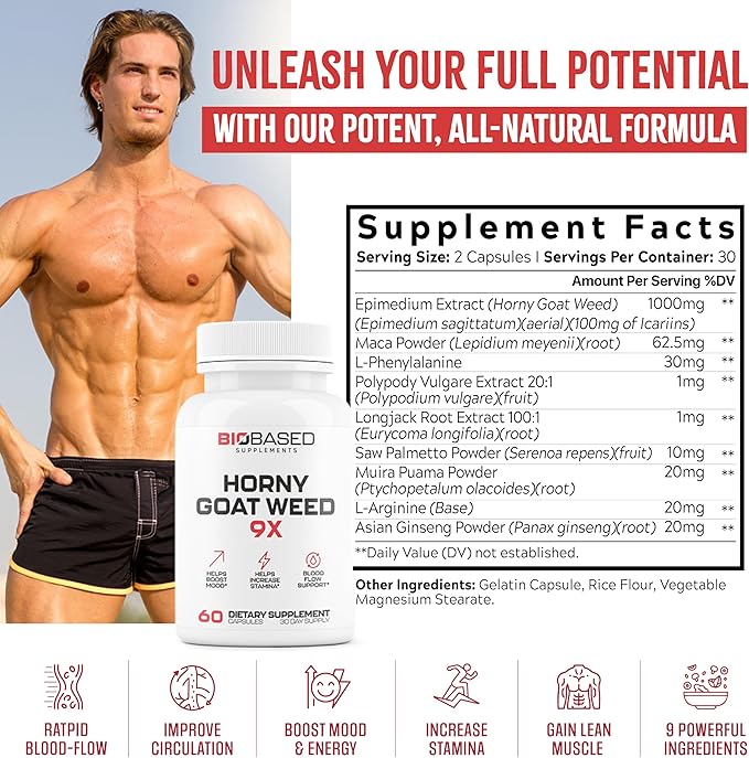 Horny Goat Weed + 9 Ingredients - Pills for Men with Fast Acting Blood for Performance | Build Muscle, Assist Energy | 9 Strategic Backed Ingredients | 3rd Party Tested Supplement - 60 Pills