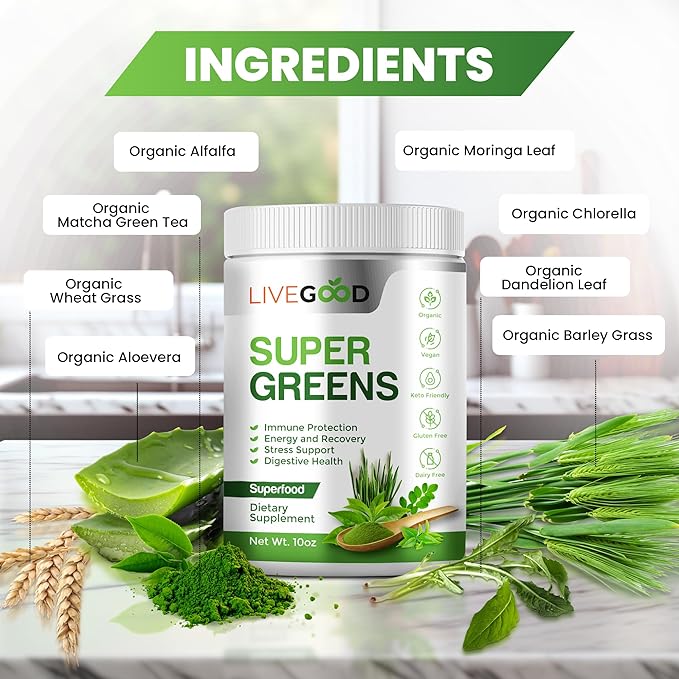LiveGood Super Greens Powder Organic Superfood with Wheat Grass Powder, Daily Superfood Powder for Immune Support, Energy and Detox, Green Juice Powder Supplement (30 Servings), 12.38 Oz