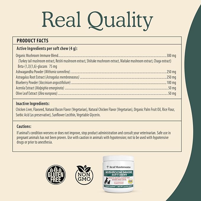 Real Mushrooms Soft Chews for Pets – Functional Treats with Reishi, Olive Leaf, Ashwagandha Blend – Cats & Dogs Vitamin Bites– Mushroom Supplement for Dogs & Cats Wellness Support, 60 Count