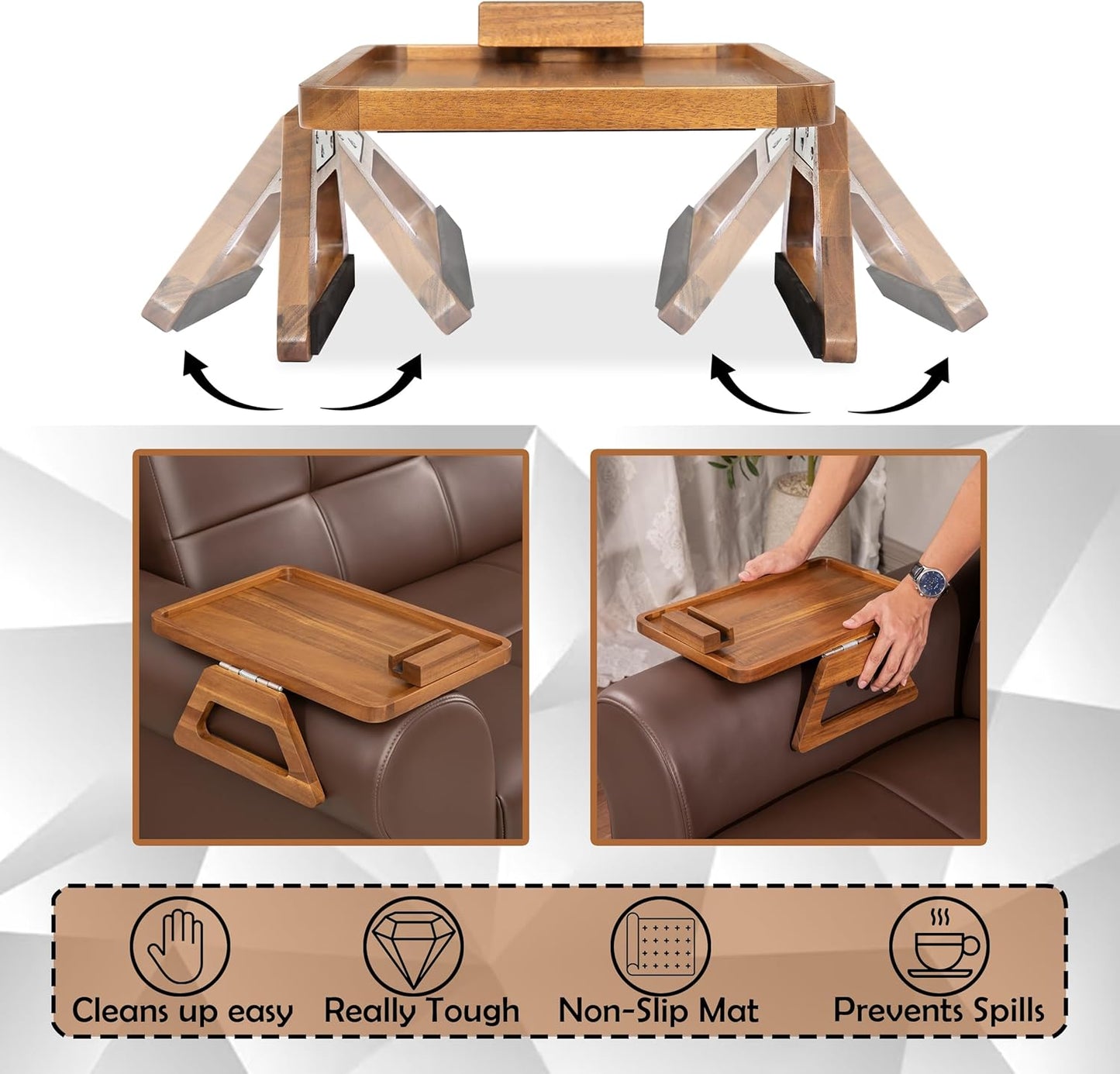 Acacia Wood Arm Table (15.35" D x 9.8" W x 5.7" H), Couch Arm Tray for TV Dinners, Remote, Foldable Armrest Organizer, Rectangular Sofa Armrest Tray - Natural