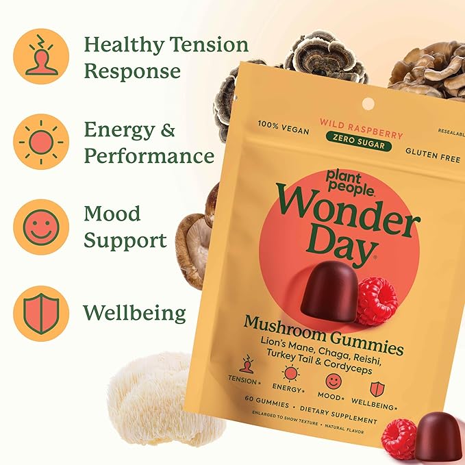 Plant People WonderDay Mushroom Gummies - Lion’s Mane, Cordyceps, Chaga Mushroom Supplement to Support Immune System De-Stress Boost Mood & Energy in Adults Natural, Vegan, Non-GMO (60 Count)