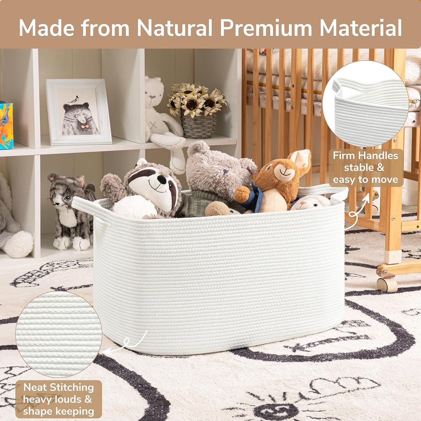 Goodpick Large Blanket Basket Living Room, Storage Baskets for Organizing, Woven Rope Laundry Basket for Toy Storage, 21.6" x 14.9" x 11.8", White