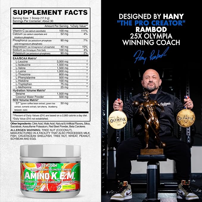 Evogen Amino K.E.M. - EAA & BCAA Powder Pump Volumizer | BCAAs Amino Acids Supplement for Blood Flow, Muscle Growth, & Hydration | Citrus Candy | 30 Servings