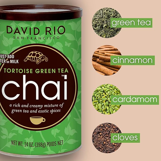 David Rio Tortoise Green Tea Chai Tea Latte Mix, 64 Oz, Green Tea, Organic Spices, Dairy Free, Serve Hot or Cold, Just Add Water or Milk, 52 Servings, Perfect for Food Service