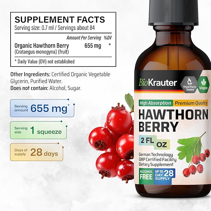 BIO KRAUTER Hawthorn Berry Extract - Vegan Hawthorne Supplement - Alcohol and Sugar Free - 2 Fl.Oz.