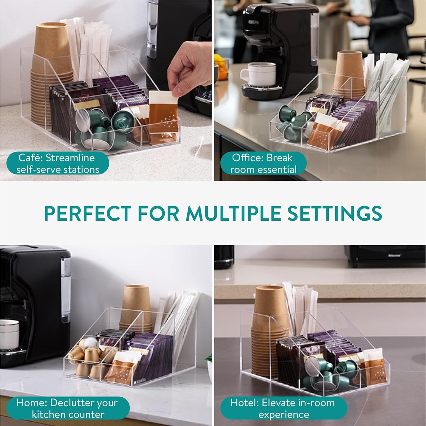 Navaris 4 Compartment Coffee Organiser - Sugar, Creamer, Tea Supplies - Office & Kitchen Countertop Organisation