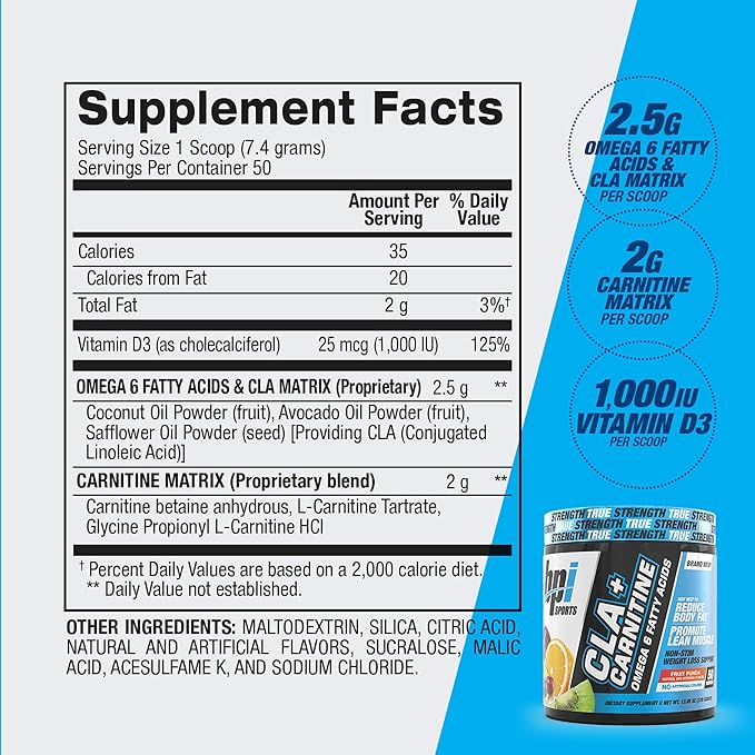 BPI Sports CLA+Carnitine – CLA L Carnitine & Linoleic Acid – L Carnitine Supplement for Weight Loss, Metabolism & Lean Muscle – Caffeine Free – Fruit Punch – 50 Servings – 12.34 oz