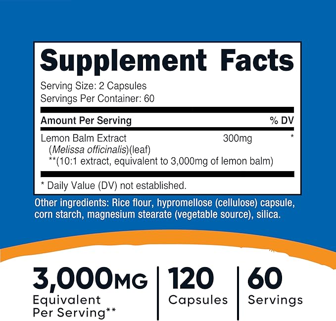 Nutricost Lemon Balm (3,000mg Equivalent) 120 Vegan Capsules - Melissa Leaf Lemon Balm Extract, 60 Servings