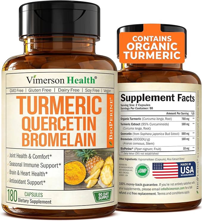 Quercetin with Bromelain Turmeric Curcumin Supplement – Allergy Relief, Joint & Immune Support – Organic Turmeric Supplement with Black Pepper (Bioperine) – 180 Quercetin 500mg Capsules