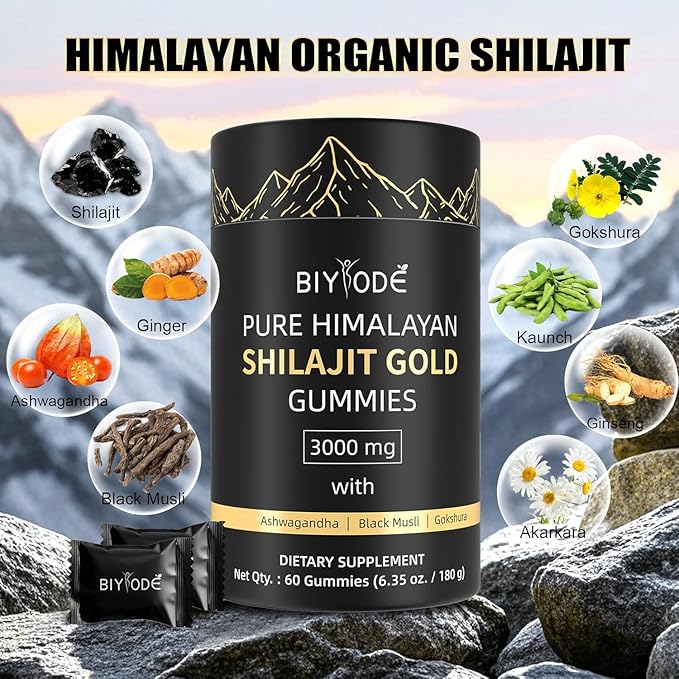 Pure Himalayan Shilajit Gummies: Rich in Ashwagandha, Gaulshura, Fulvic Acid, 85 Micronutrients. Suitable for Men. No Added Sugar. Non-GMO. 100% Natural Organic. 60 Gummies.