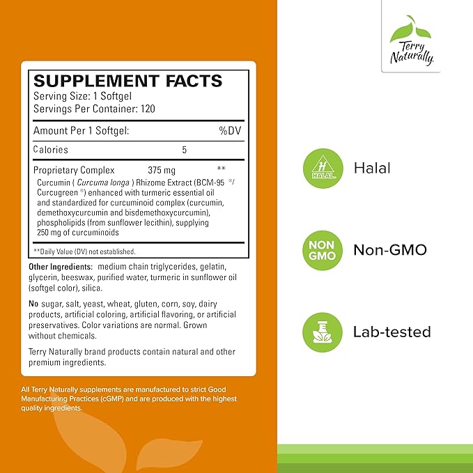 Terry Naturally CuraMed 375mg - Antioxidant Supplement for Brain & Immune Health Support - Dietary Supplement with Curcumin & Turmeric Essential Oil - Herbal Liver Support - 120 Softgels