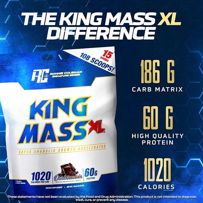 Ronnie Coleman Signature Series King Mass XL Mass Gainer Protein Powder, Muscle Gainer, 60g Protein, 180g Carbohydrates, 1,000+ Calories, Creatine and Glutamine, Dark Chocolate, 15 Pound