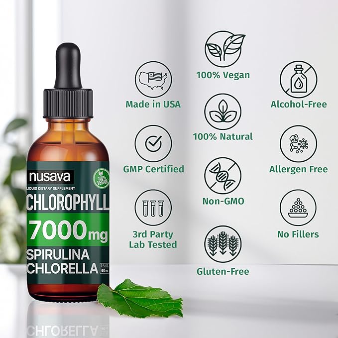 (4 Pack) 4-in-1 Vegan Chlorophyll Liquid Drops 7000mg for Immune Support, Energy, Gut and Skin Health - Liquid Chlorophyll - Internal Deodorant Enriched with Chlorella, Spirulina, & Copper, 8 Fl Oz