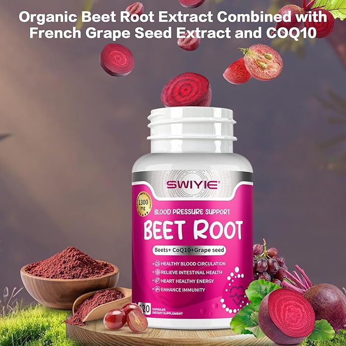 Beet Root Capsules 120 pcs, Beetroot Supplement Support Heart Health Circulation, Blood Pressure, Beets with Grape Seed Extract, Non-GMO, Gluten-Free | 1300mg per Serving