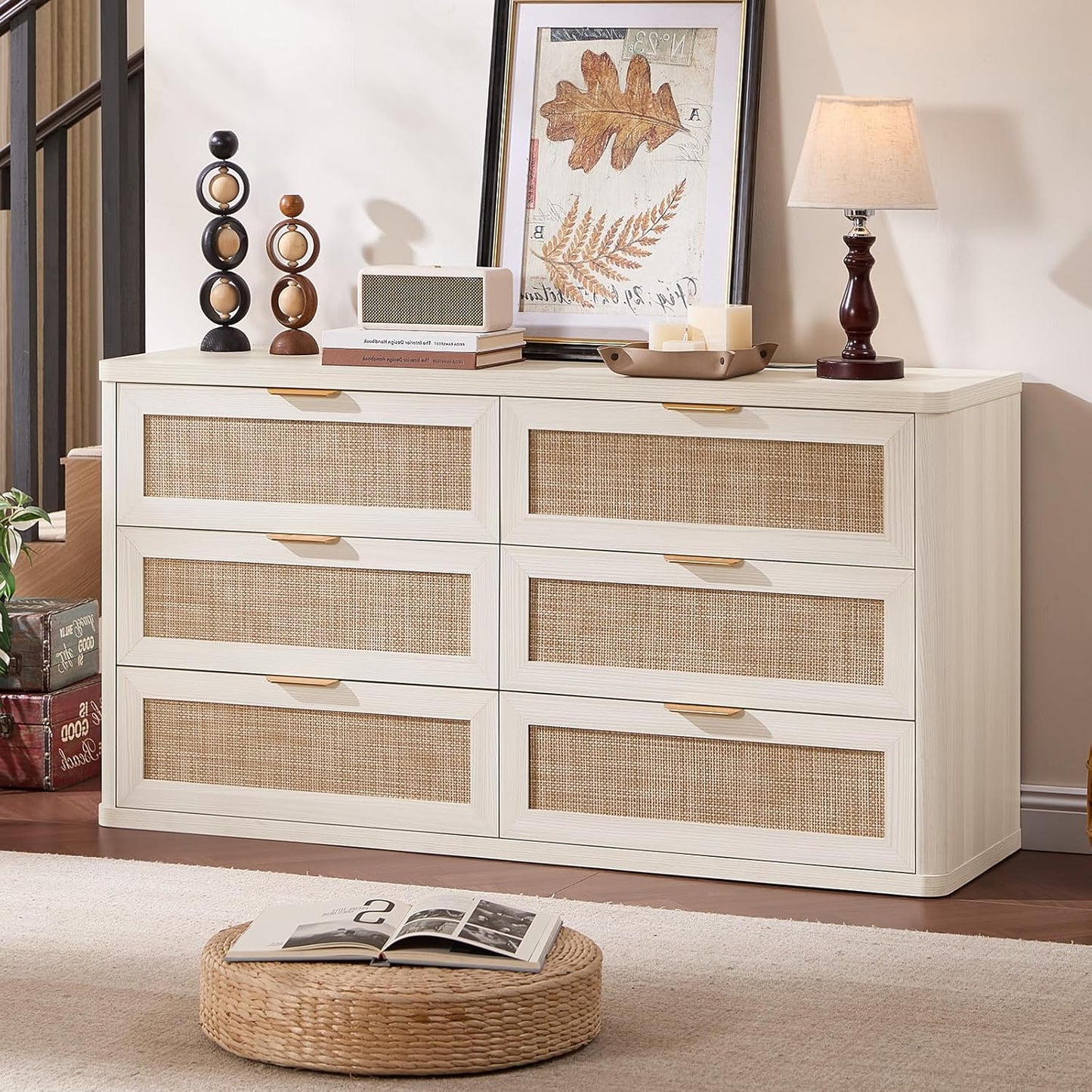 LEYAOYAO Rattan 6 Drawer Dresser for Bedroom, Boho 54" Wide White Dresser Chest of Drawers, Dressers TV Stand with Metal Handle, Storage Dressers Closet Organizer for Living Room, Hallway