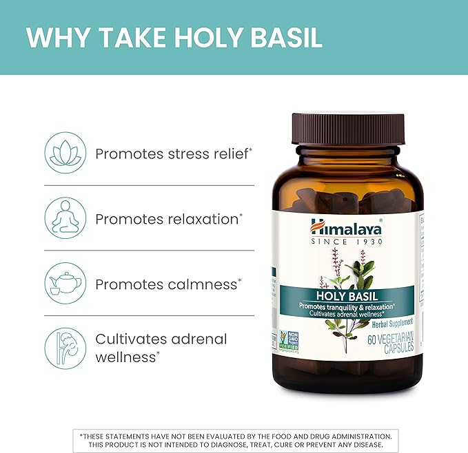 Himalaya Holy Basil, 30 Day Supply - Herbal Adrenal Support for Stress Relief, Relaxation, Energy Support and Occasional Sleeplessness - Vegan, Non-GMO, Gluten Free, 720 mg, 60 Capsules