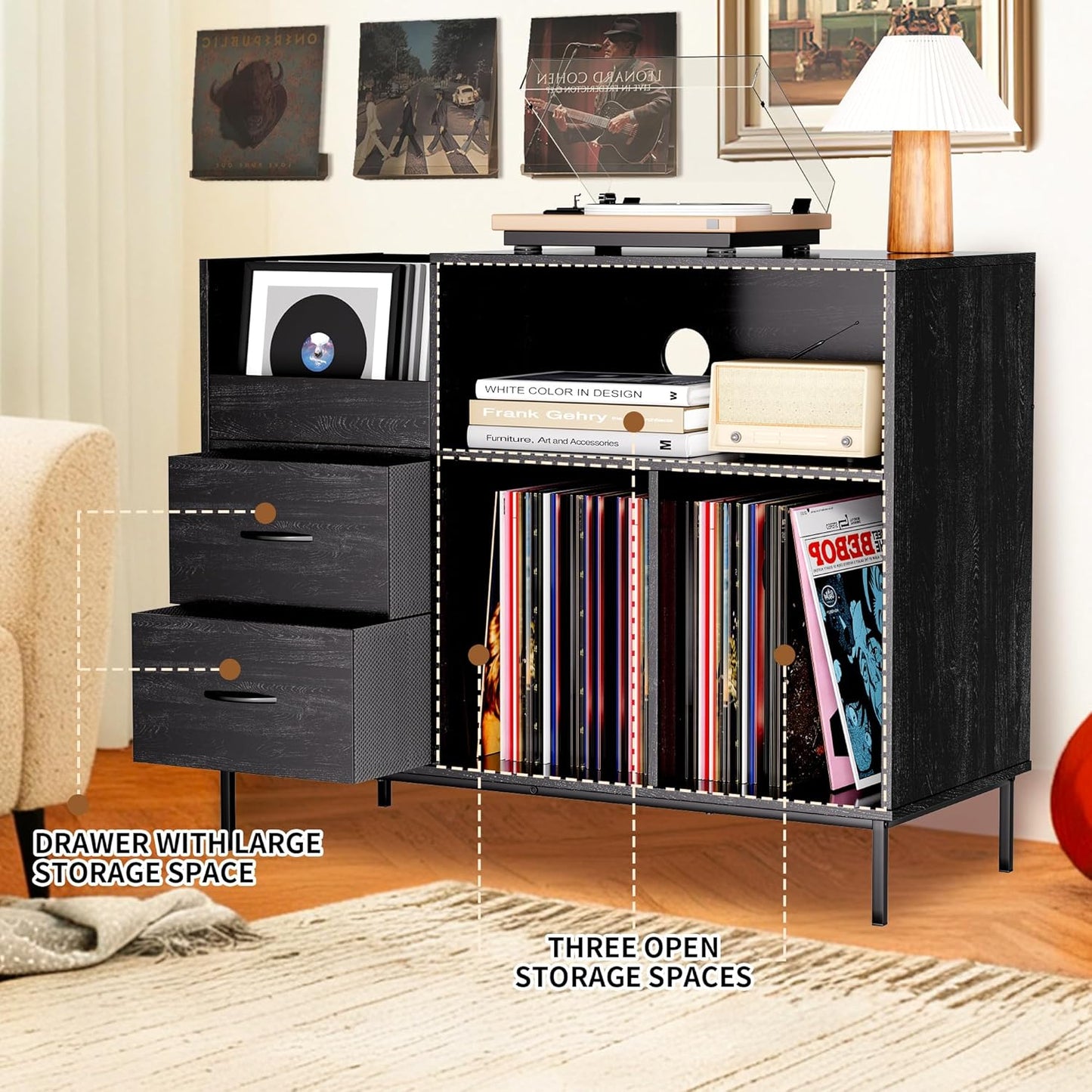 Large Record Player Stand with Lift Top, Vinyl Record Storage Holder, Record Player Table with Power Outlet, Mid Century Modern Turntable Stand Media Console Table