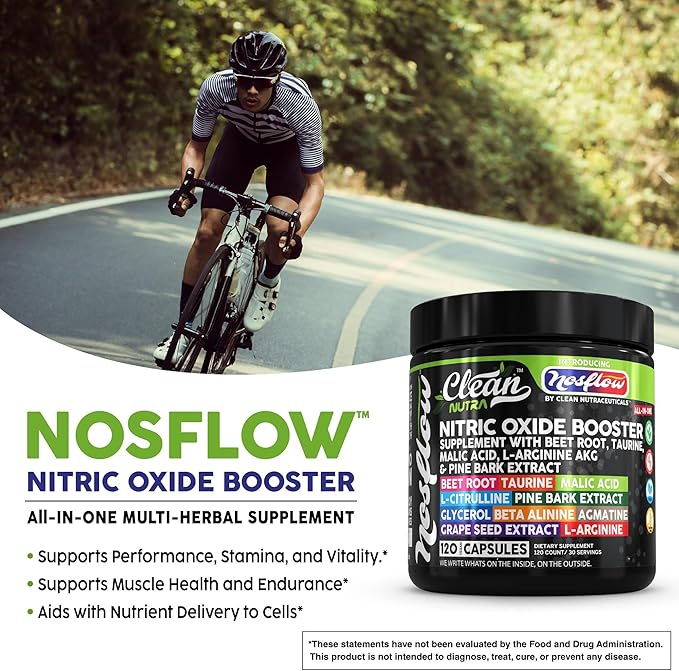 NosFlow Nitric Oxide Supplements for Men | Beet Root Taurine L-Arginine Malic Acid L-Arginine L-Citrulline Pine Bark Glycerol Agmatine Grape Seed Vitamin C B12 B3 by Clean Nutra