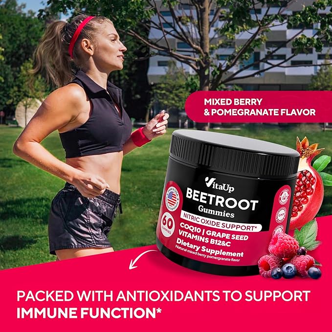 Beet Root Gummies – Beet Gummies – Red Beets Supplements with Beetroot, Grape Seed, Coq10, Vitamin C & B12 – 60 Beet Chews