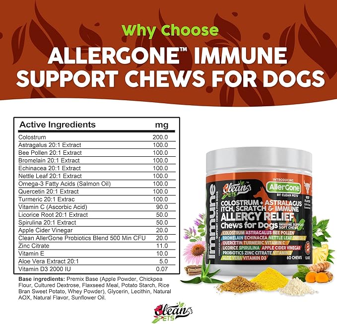 Dog Allergy Relief Chews | Itchy Skin Relief for Dogs | Colostrum Astralagus Omega 3 Bee Pollen Bromelain Echinacea Nettle Leaf Quercetin Licorice Root Spirulina ACV Immune - Pack of 1