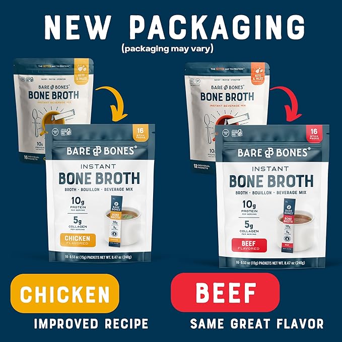 Bare Bones Bone Broth Instant Powdered Beverage Mix, Chicken & Beef, Variety Pack of 32, 16 Chicken & 16 Beef - 15g Sticks, 10g Protein, Keto & Paleo Friendly