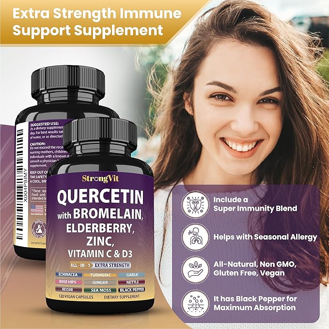 Quercetin with Bromelain, Elderberry, Vitamin C, D3 and Zinc. Super Immune Support Supplement. Organic Complex for Men & Women, Non-GMO, Gluten-Free, Vegan, USA (120 Capsules)