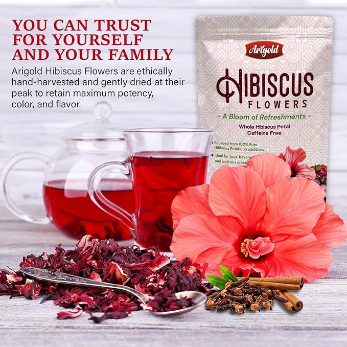 Arigold Pure Whole Petals Hibiscus Tea 1lb ā Organic Dried Hibiscus Flowers,Flor de Jamaica, Hibiscus Sabdariffa, Bissap, Sorrel, hibiscus tea loose leaf Herbal Tea for Agua Fresca, Cocktails, Iced Tea & Hot Tea | Caffeine-Free & Rich in Antioxidants.