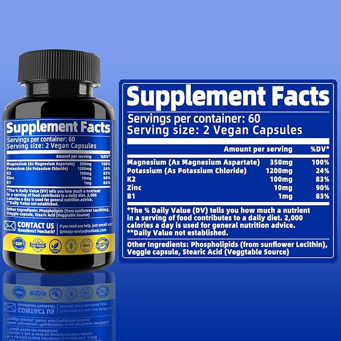 Potassium Magnesium Supplement, 1600mg Liposomal Magnesium Aspartate, Potassium Chloride, with Zinc, K2, Vitamin B1 for High Blood Pressure, Support Vascular, Bone & Leg Cramps, 120 Veg Capsules