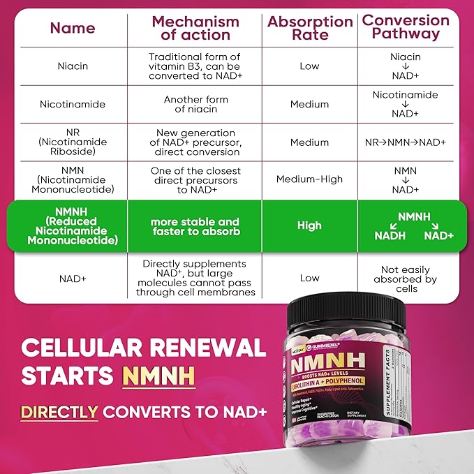 NMNH Gummies 300MG with Urolithin A, Polyphenol Blend, Resveratrol, NAD+ Supplement for Women & Men Boost NAD+ Levels, Optimized Aging, Cell Regeneration, DNA Repair, Energy, Focus, Sugar Free, 60cts