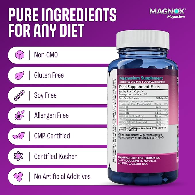MAGNOX Lady Magnesium Supplement | Menopause and PMS Support Supplement for Women | Magnesium Complex with Vitamins B6, B1, B12, D, Zinc | High-Absorption Dead Sea Organic | 60 Capsules