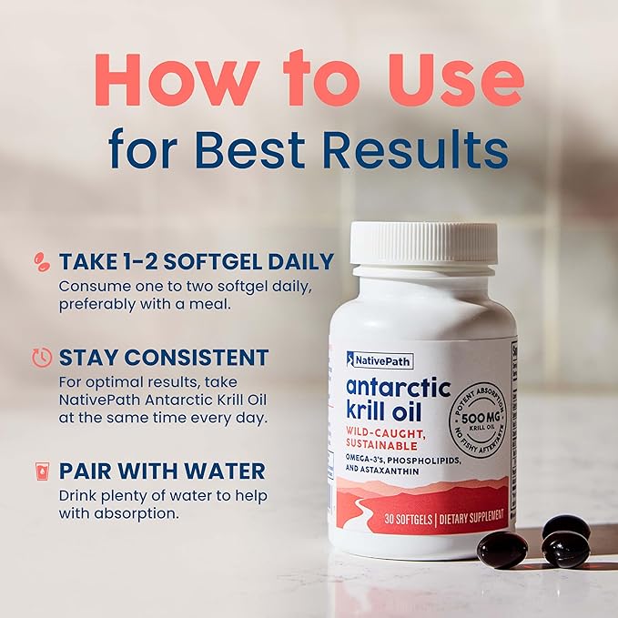 NativePath Wild-Caught Antarctic Krill Oil 500mg - Premium Astaxanthin 200mcg Phospholipid-Bound Omega-3 EPA DHA - Pure Formula GMP Certified Third Party Tested - 30 Softgels