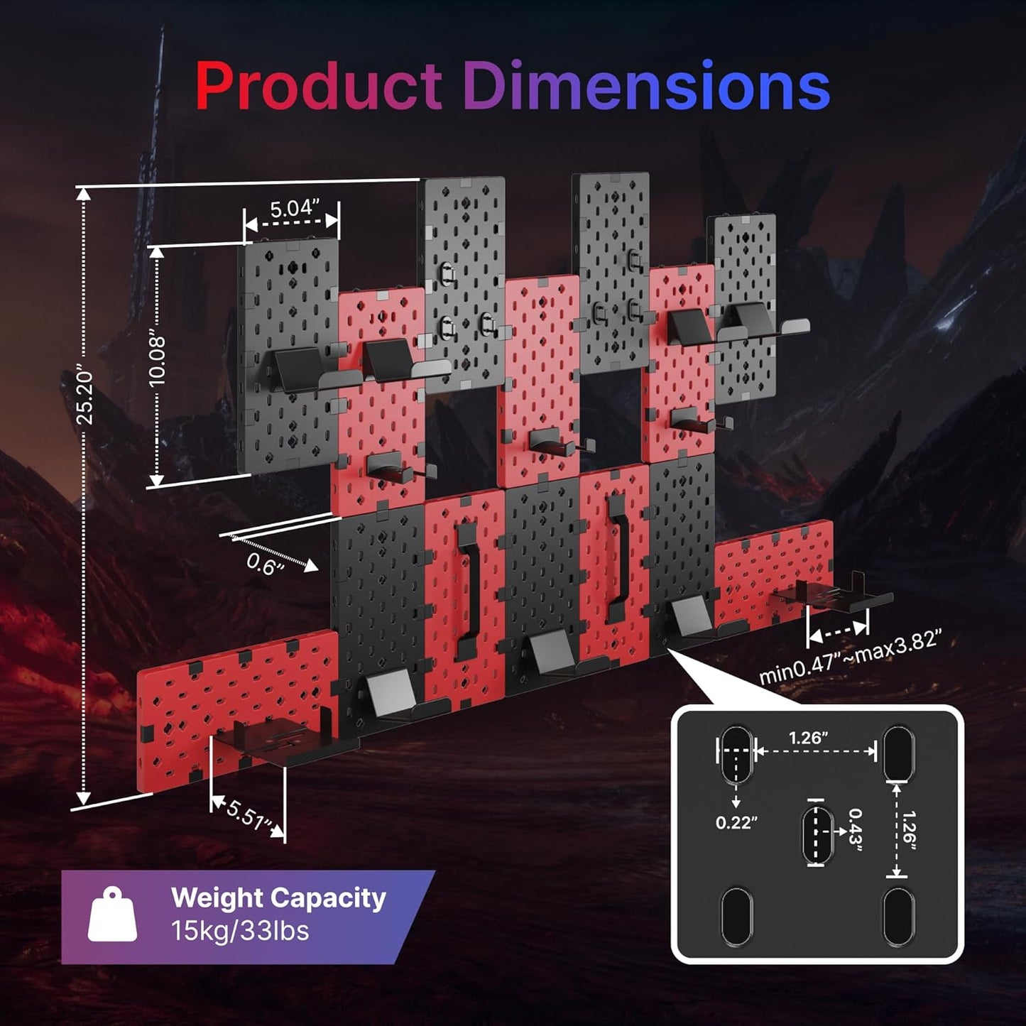 PEGZONE Controller and Headphone Holder Wall Mount, Modular Gaming Pegboard with Accessories, Controller Stand for Xbox PS5 PS4 Switch, Video Game Storage, Disc Shelf, 14pcs Pegboard, Black & Red