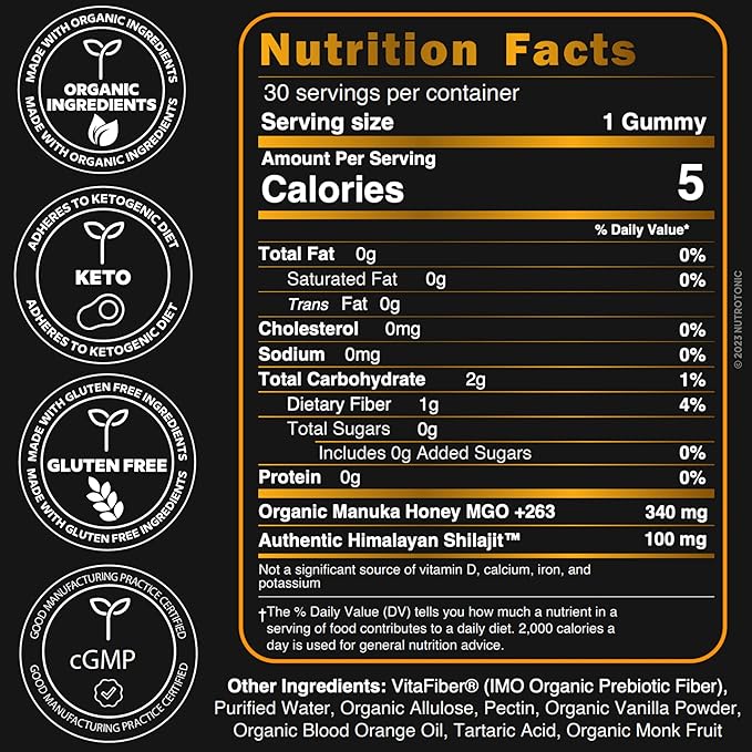 Organic SHILAJIT Gummies by NutroTonic | Cane Sugar Free, Sweetened by Organic Manuka Honey | Clean Formula | Natural Fulvic & Humic Acid | Heart & Brain, Cellular Health | 30 Healthy Gummies (1)