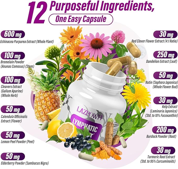 Lymphatic Drainage Supplements, 1540mg Lymph System Support Supplement for Women & Men with Dandelion, Burdock, Echinacea,Rutin, Turmeric,Cleavers & More, 60 Capsules