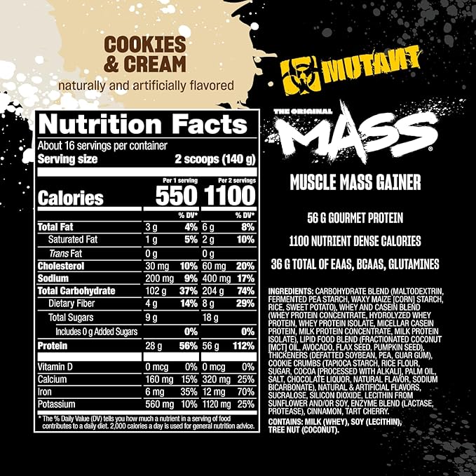 Mutant Mass | Weight Mass Gainer Protein Powder - high Calorie Protein Powder for Mass gain - Cookies and Cream - 5 Pound