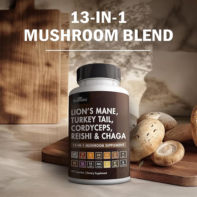 BioSchwartz 13-in-1 Mushroom Complex Capsules - Organic Mushroom Supplement with Lions Mane, Chaga, Reishi, Cordyceps - Supports Focus, Energy, Immune System - with BioPerine for Absorption, 90 Count