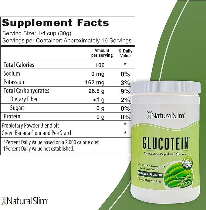 NaturalSlim Prebiotic Resistant Starch Supplement with Green Banana Flour Organic & Pea Starch Blend for Metabolism & Digestive Processes Glucotein Powder - Non-GMO & Gluten Free - 16 Servings