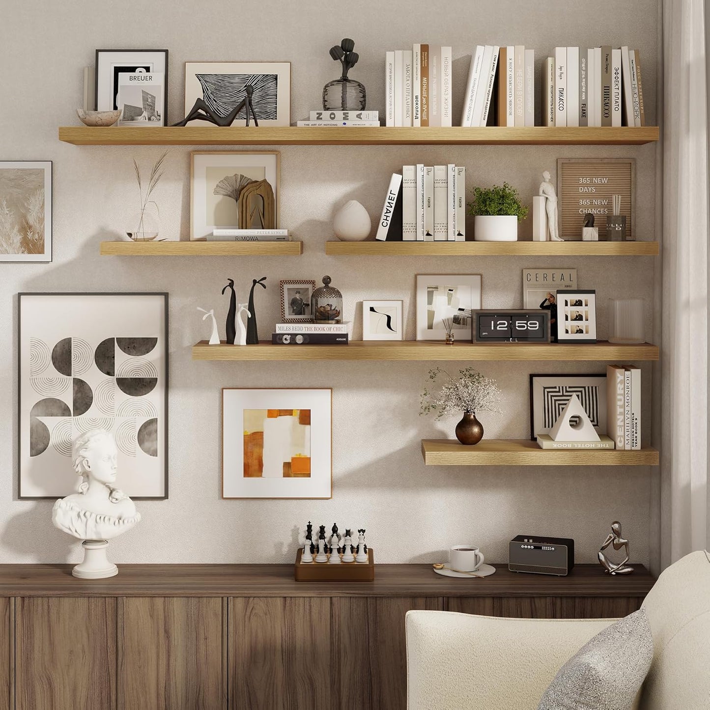 40 Inch Floating Shelves Set of 2, 8 Inch Deep Wall Shelf, Rustic Wood Storage Shelves for Bedroom, Kitchen, Bathroom, Wall-Mounted Shelf with Invisible Brackets for Books|Storage|Decor, Oak