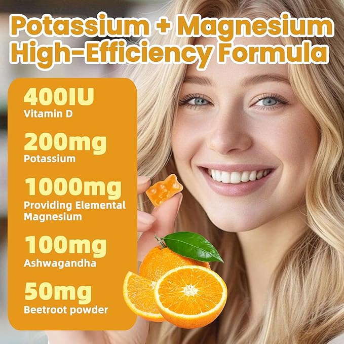 Potassium Magnesium Gummies,High Absorption Magnesium Glycinate,B6,D3,Potassium Citrate for Leg Cramps,Muscle,Electroyte for Adults Kids,Sugar-Free, 120 Gummies (Sweet Orange Flavor)