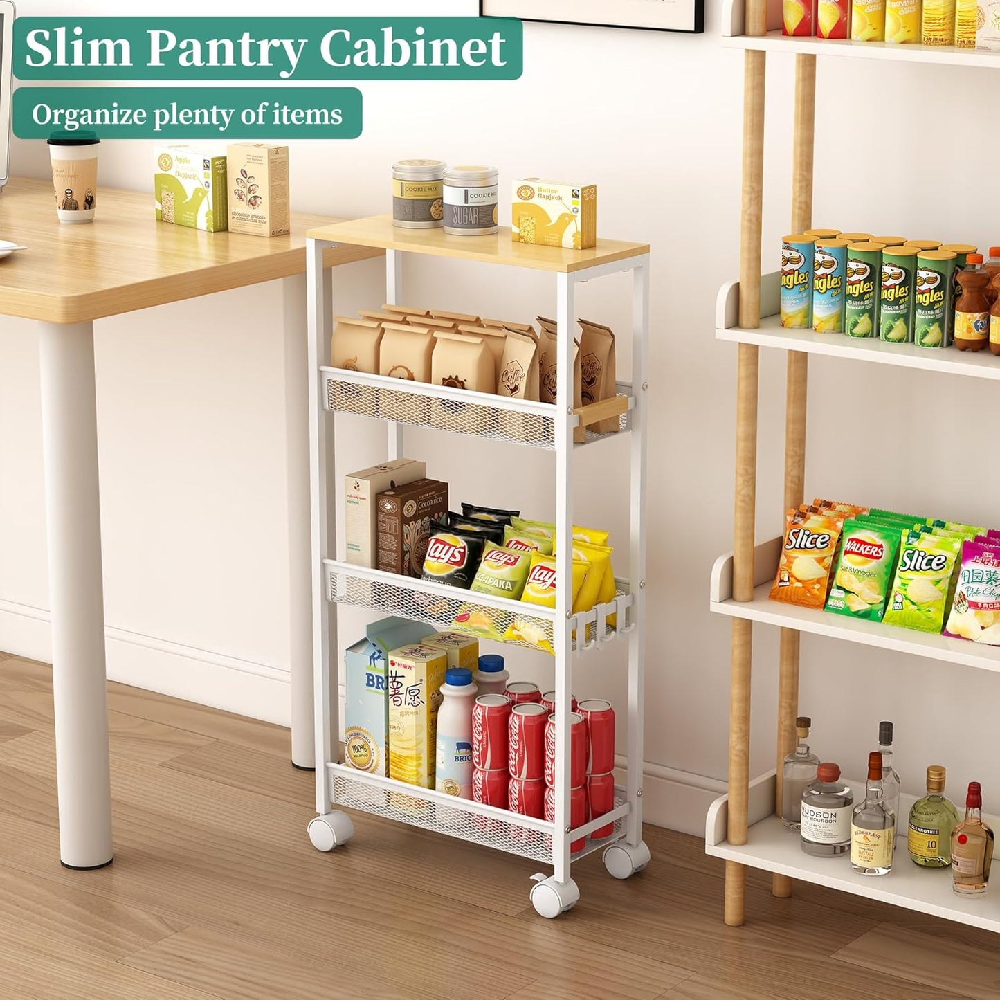 TIPGO Utility Slim Storage Cart, 4 Tier Rolling Cart with Wheels, Narrow Storage Cabinet for Bathroom, Laundry Shelves for Room Organization, Small Organizer for Kitchen, Office and Dorm (White)