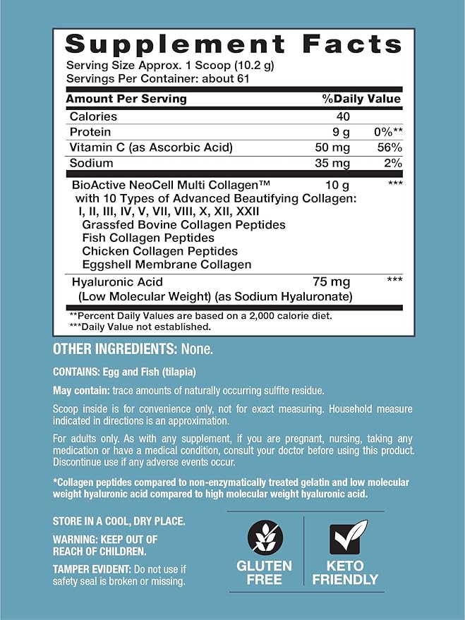 NeoCell Multi Collagen Bio-Peptides Powder | 22oz | Advanced with Hyaluronic Acid and Vitamin C | 10 Super Types of Collagen | Superior Absorption | Grassfed Protein Supplement |