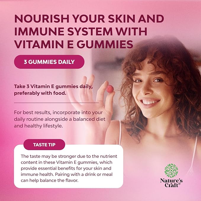 Natures Craft Vitamin E Gummies for Skin Care - High-Potency Vitamin E 400 IU Skin Supplement - Delicious & Easy-to-Take Supplement Promote Health Immune Support & Cellular Protection (2 Months)