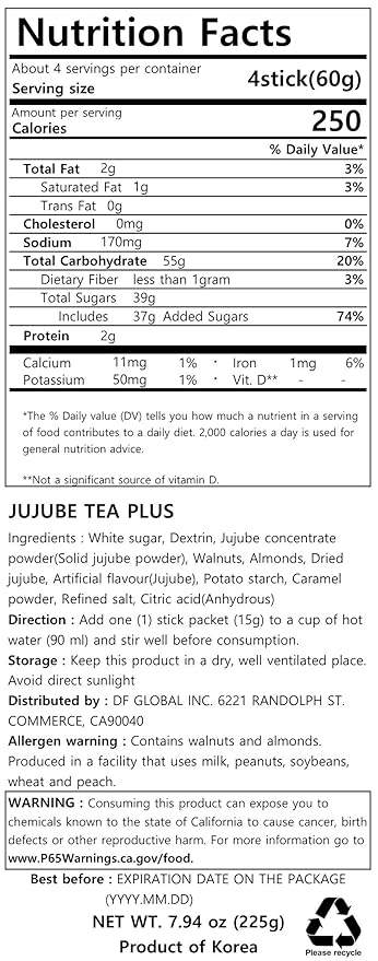 Damtuh Korean Traditional Jujube Tea, Jujube Powder, Red Date Instant Tea, 15g x 15 Count (Pack of 1)