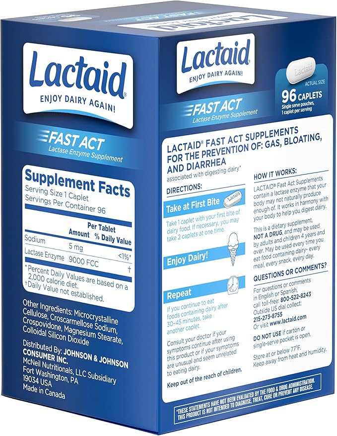 Lactaid Fast Act Lactose Intolerance Caplets with Lactase Enzyme, Dairy Relief from Gas, Bloating & Diarrhea, 9000 FCC Lactose Intolerance Pills, 96 Individual Travel On-The-Go Packs (96 x 1 ct)