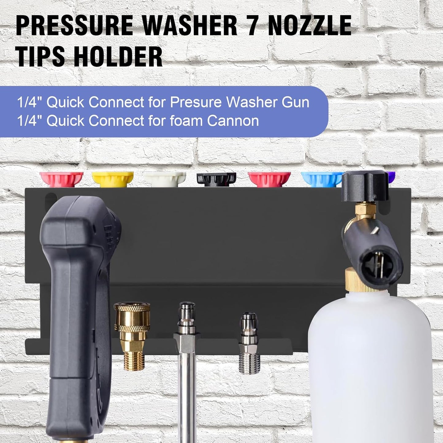 Wall Mounted Pressure Washer Gun & Foam Cannon Holder, Car Wash Accessories Storage Rack for Wand Extension and Nozzle Tips, Fits 1/4" Quick Connect, Black