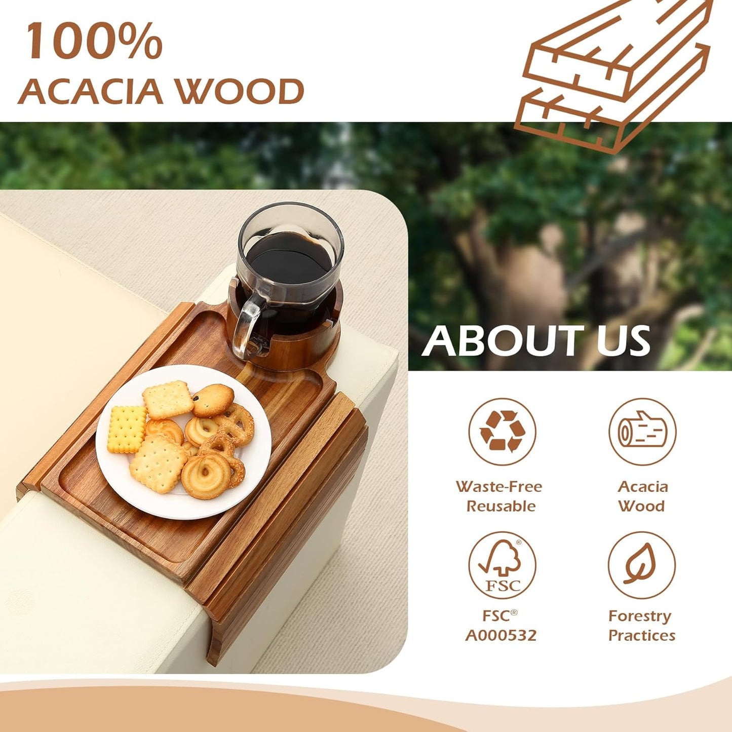 Couch Cup Holder Tray, Acacia Wood Couch Armrest Table with 360° Ratated Phone Holder, 18.99" Flodable Anti-Slip Sofa Armrest Tray Tables for Snacks Remote Storage