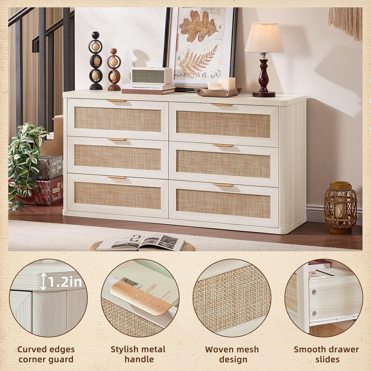 LEYAOYAO Rattan 6 Drawer Dresser for Bedroom Set of 2, Boho 54" Wide White Dresser Chest of Drawers, Dressers TV Stand with Metal Handle, Storage Dressers Closet Organizer for Living Room, Hallway