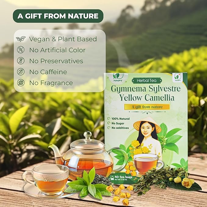 NMPT Dried Gymnema Sylvestre Yellow Camellia Tea, Handpicked, 40 Sachets, Cold-Dried, Gluten-Free, No Added Sugar, Mild Sweet Flavor, Eases Fatigue & Stress, Supports Overall Health